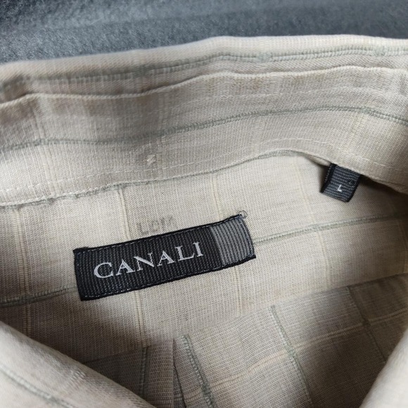 Canali Shirt Mens Large Beige Green Windowpane Button Down Linen Made in Italy - Picture 7 of 13